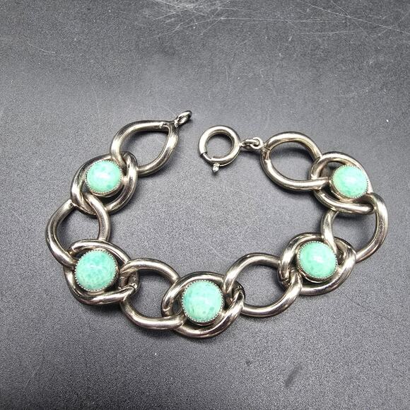 Peking Glass Bracelet Silver Tone Chain Link Vintage Teal Green Blue Jewelry - Picture 9 of 10